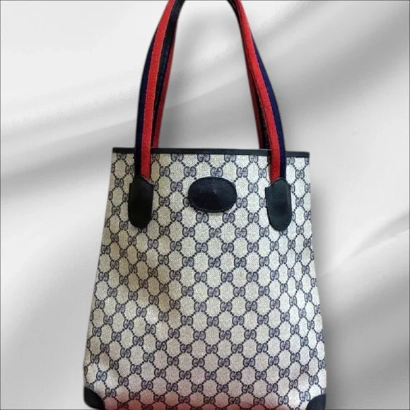 Gucci Vintage Supreme GG Monogram Coated Canvas Tote Bag – Red & Blue Web Straps - Picture 4 of 12
